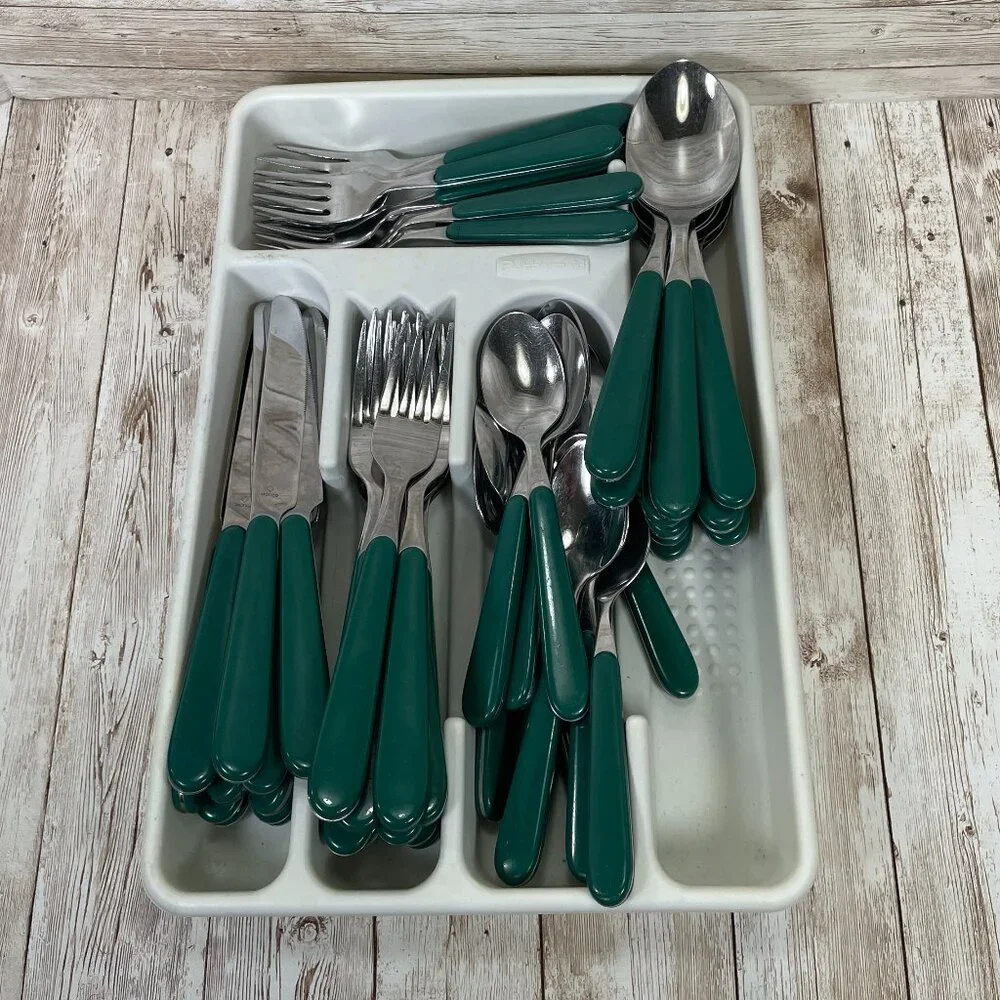 Vintage ONEIDA 55 Pc Lot Green Plastic Handle Utensil Stainless Steel Flatware